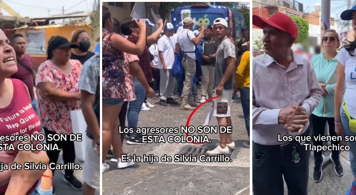 Invasores de la Barranca de Tlapechico invadieron la campaña de Lía Limón durante un recorrido por la colonia Margarita Maza de Juárez. Los agresores, identificados con el grupo de Silvia Carrillo, lanzaron huevos y agredieron verbalmente a vecinos, a la candidata y a su equipo. FOTO: Especial