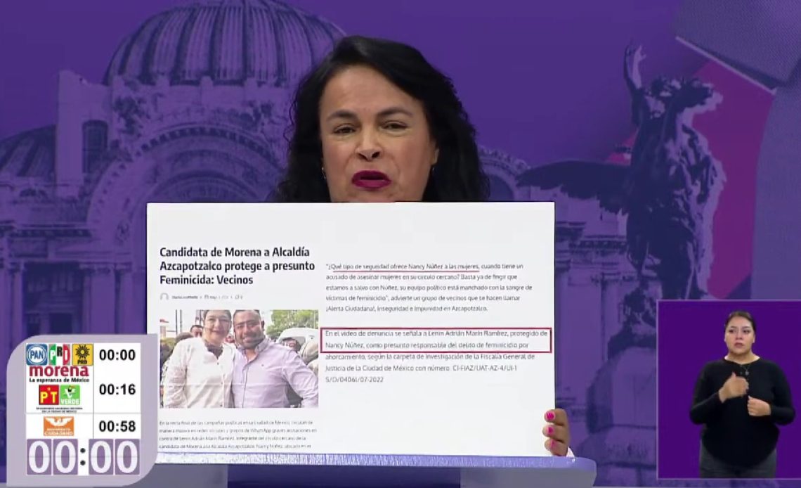 Margarita Saldaña evidenció otra grave incongruencia de Núñez, pues vecinos de la demarcación acusan que su coordinador de campaña, Lenin Adrián Martín Ramírez, está acusado de feminicidio y ella lo protege. FOTO: Captura de pantalla video oficial